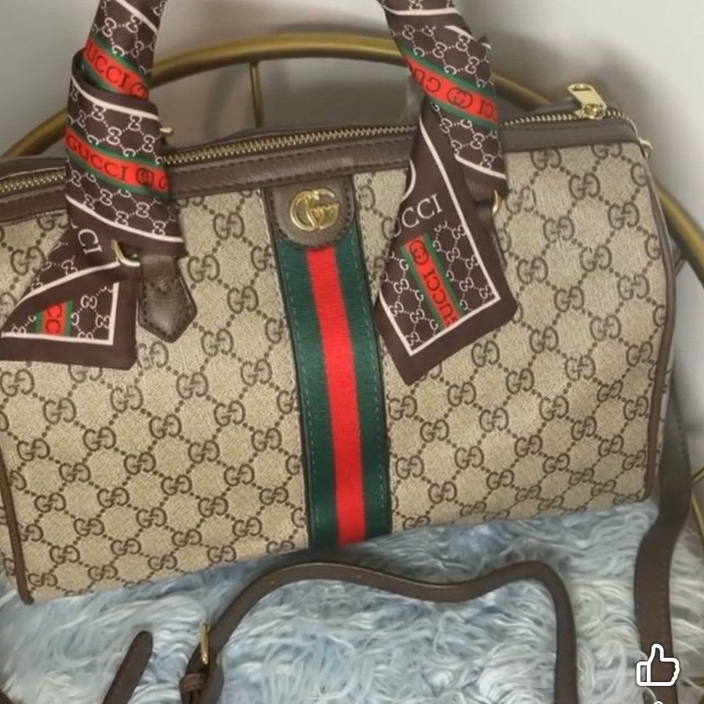 Source Unknown Beige Monogram Satchel with Green-… - image 1